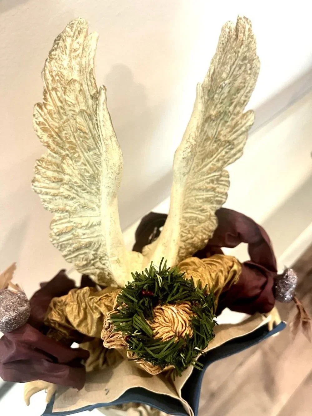 Vtg Christmas Angel Tree Topper Resin Florentine Fabric Mache Bird Book Victoria